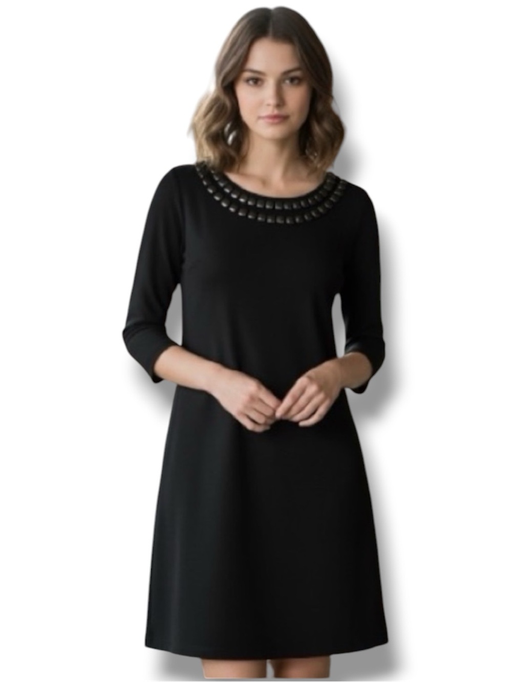 Ann Taylor Dress Black Knee Length Beaded Neckline Shift Classic Chic Size 12